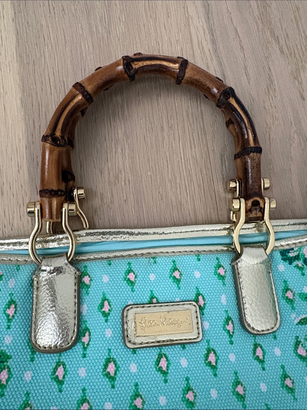 Lilly Pulitzer Floral Mint Canvas Tote with Bamboo Handles - Picture 4 of 5